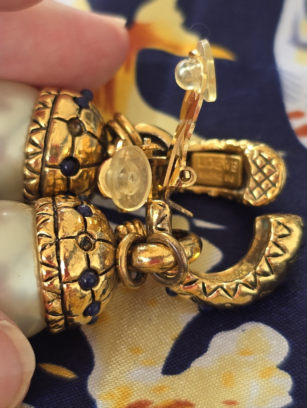 Loewe Vintage Gold-Tone Pearl Drop Clip On 2.25"Earrings with Blue Accents - Picture 7 of 8
